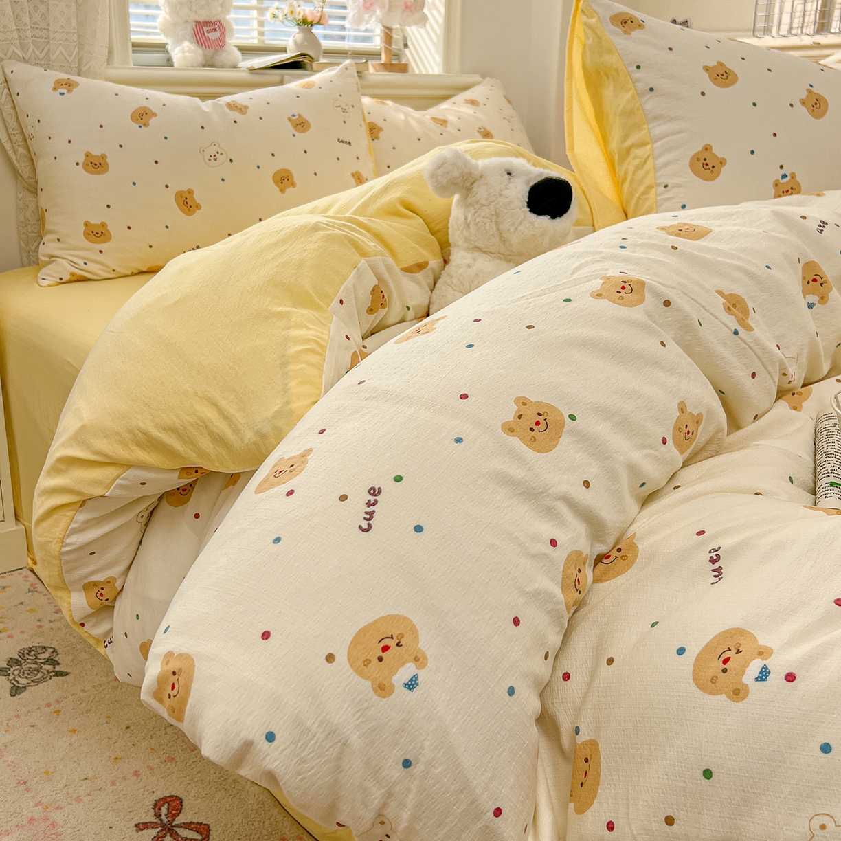 91家纺网 家纺一手货源 找家纺 金梦拉家纺 2026春夏新款云感双层纱皱皱纱系列四件套 波点熊