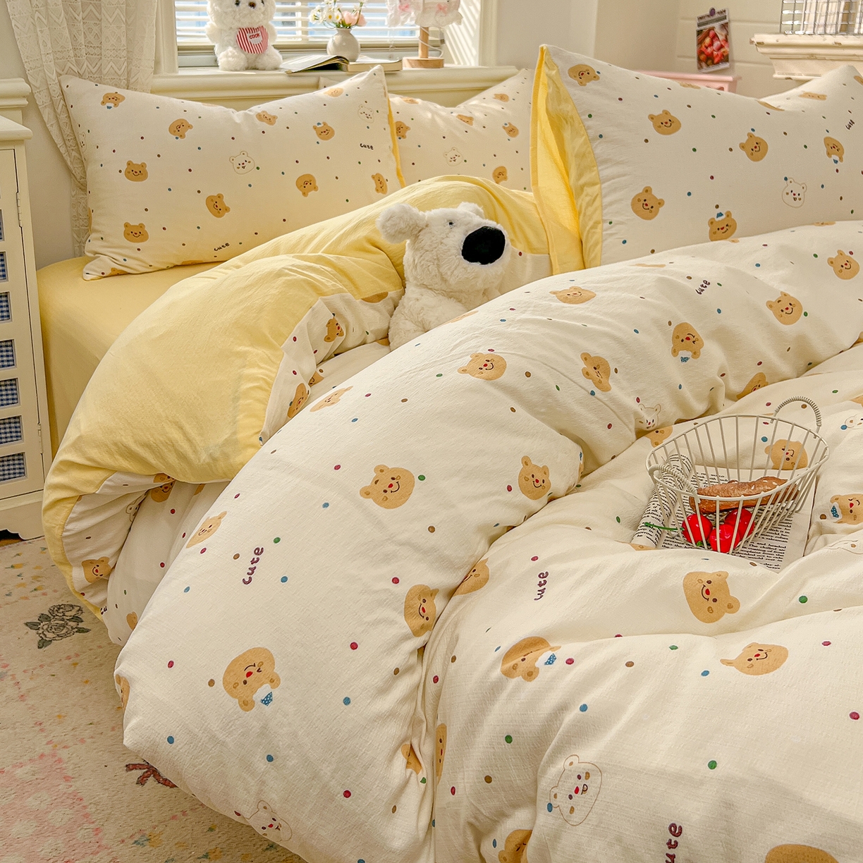 91家纺网 家纺一手货源 找家纺 金梦拉家纺 2026春夏新款云感双层纱皱皱纱系列四件套 波点熊