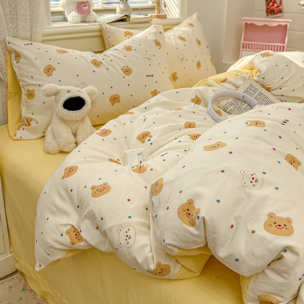 91家纺网 家纺一手货源 找家纺 金梦拉家纺 2026春夏新款云感双层纱皱皱纱系列四件套 波点熊