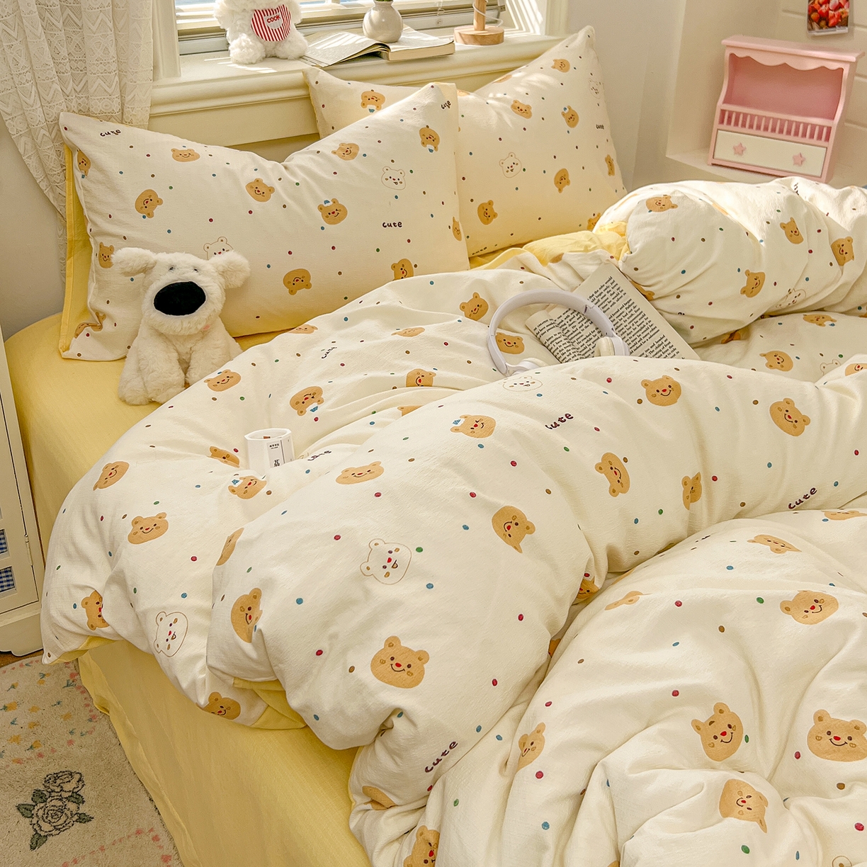 91家纺网 家纺一手货源 找家纺 金梦拉家纺 2026春夏新款云感双层纱皱皱纱系列四件套 波点熊