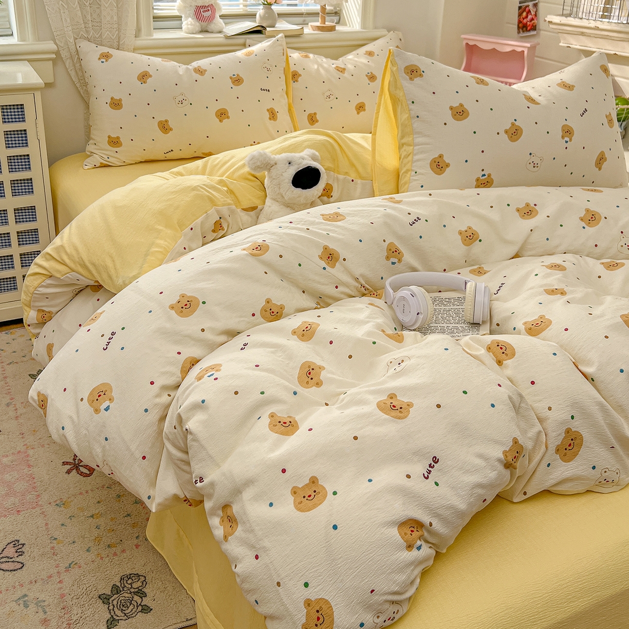 91家纺网 家纺一手货源 找家纺 金梦拉家纺 2026春夏新款云感双层纱皱皱纱系列四件套 波点熊