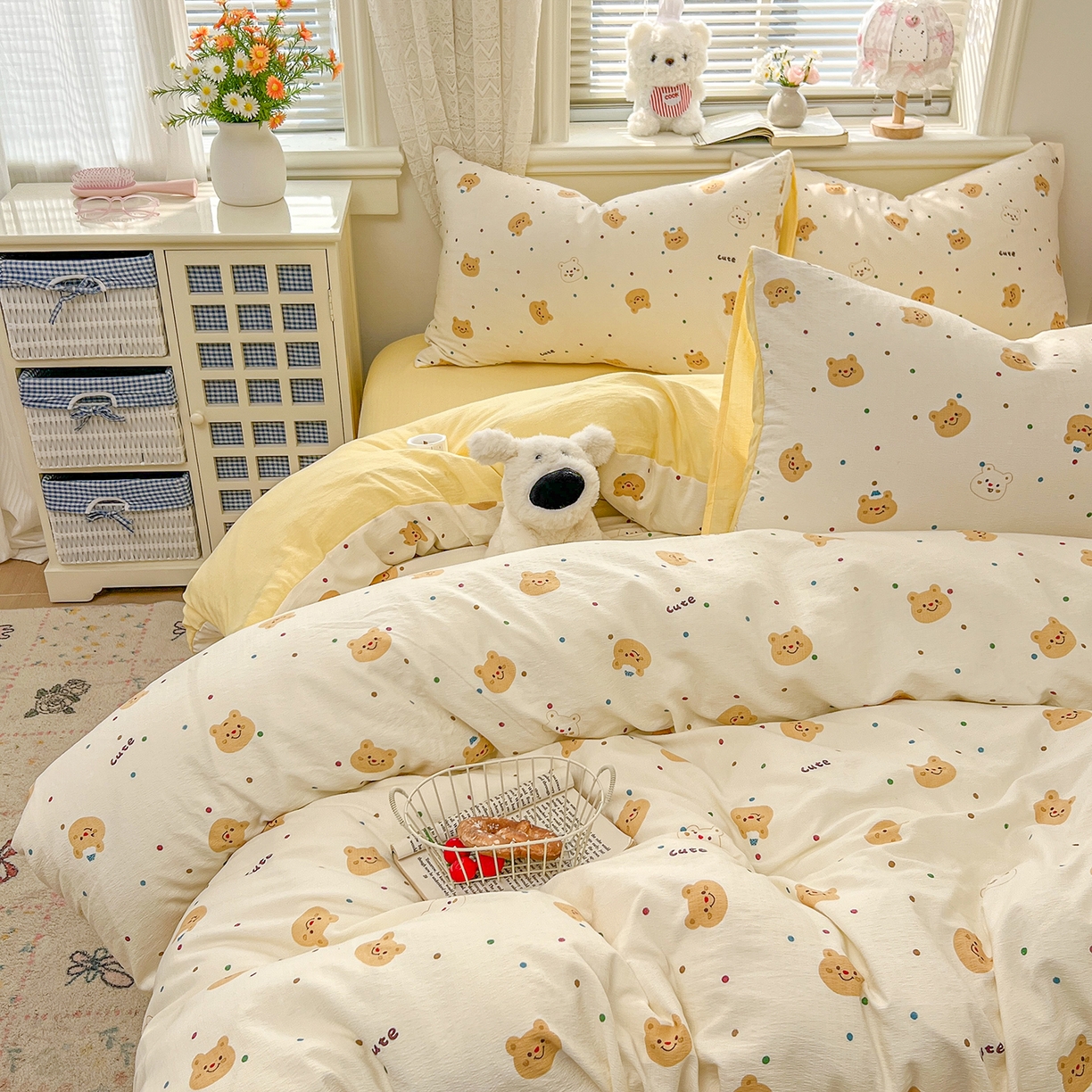 91家纺网 家纺一手货源 找家纺 金梦拉家纺 2026春夏新款云感双层纱皱皱纱系列四件套 波点熊