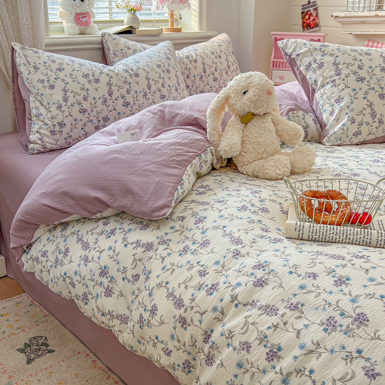 91家纺网 家纺一手货源 找家纺 金梦拉家纺 2026春夏新款云感双层纱皱皱纱系列四件套 春日铃兰