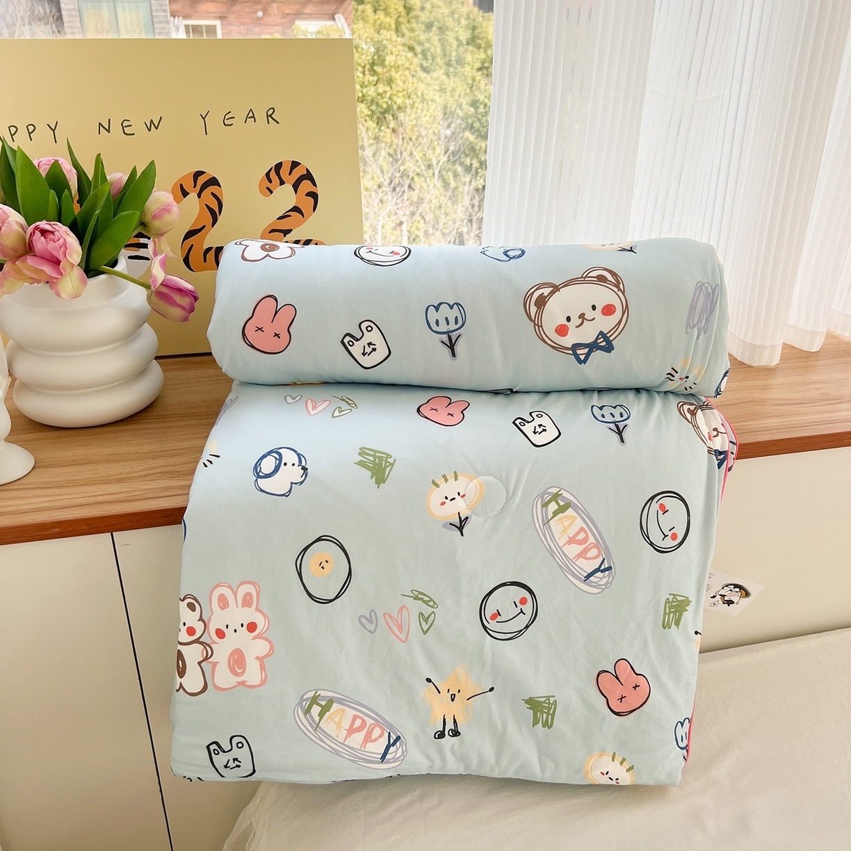 91家纺网 家纺一手货源 找家纺 咏绒家纺工厂店 厂家直销网销爆款花型永不断货2025春夏新款A类牛奶针织棉大豆夏被（长期款） 彩笔画-蓝