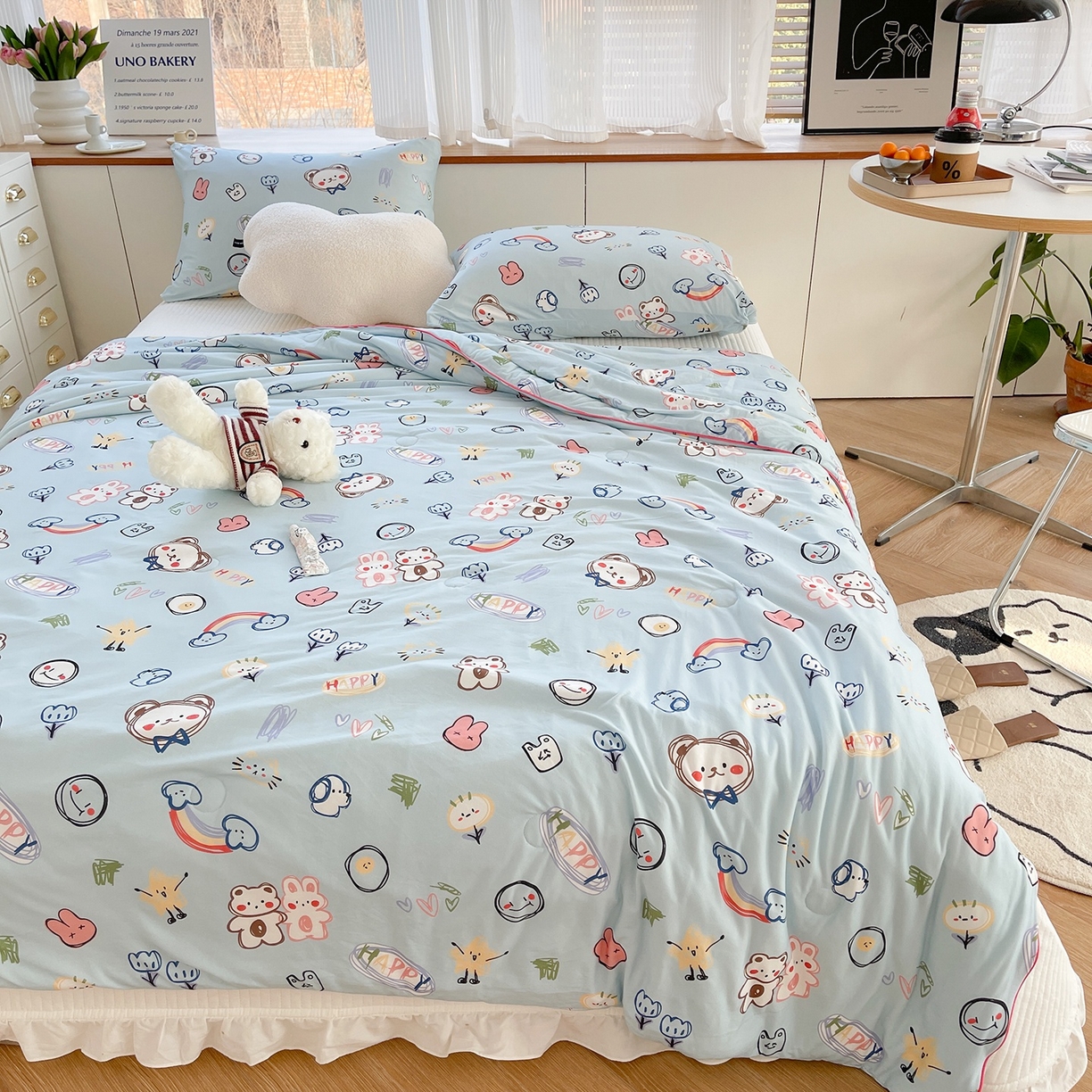 91家纺网 家纺一手货源 找家纺 咏绒家纺工厂店 厂家直销网销爆款花型永不断货2025春夏新款A类牛奶针织棉大豆夏被（长期款） 彩笔画-蓝