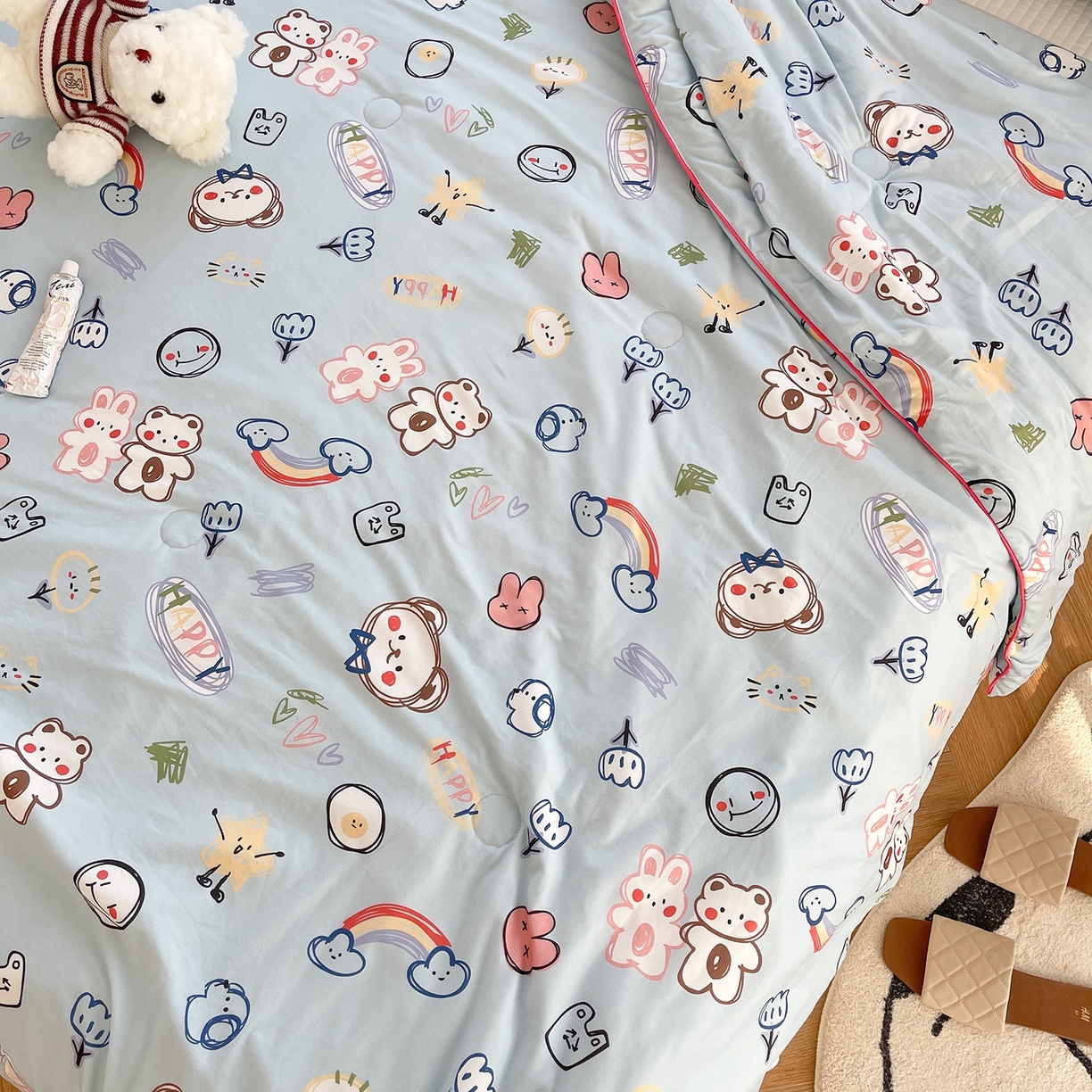 91家纺网 家纺一手货源 找家纺 咏绒家纺工厂店 厂家直销网销爆款花型永不断货2025春夏新款A类牛奶针织棉大豆夏被（长期款） 彩笔画-蓝