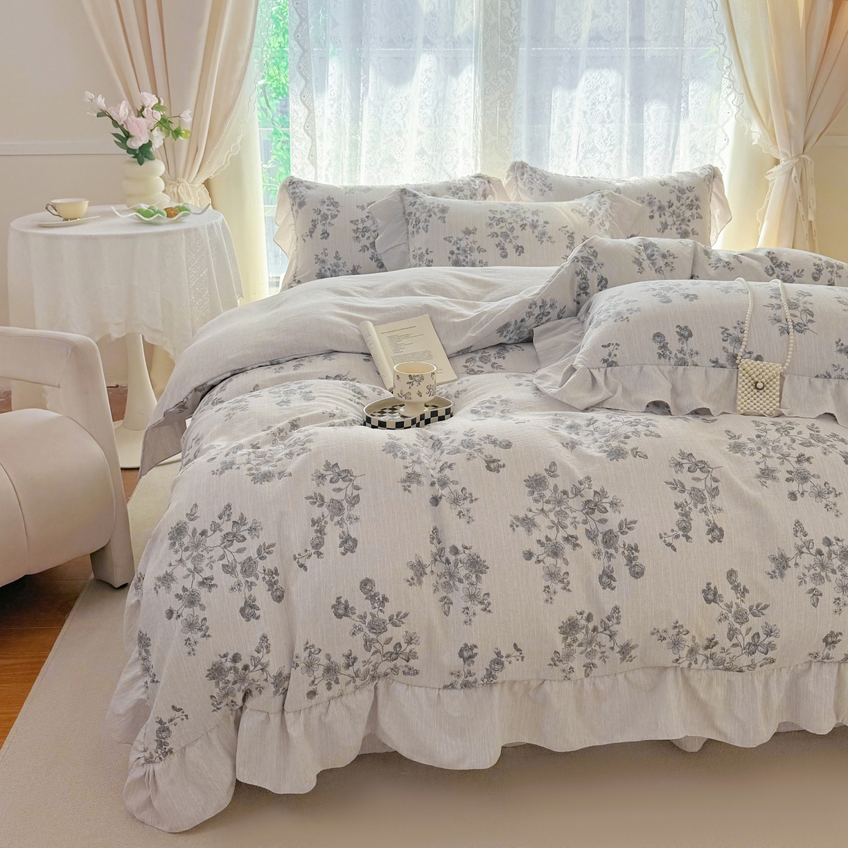 91家纺网 家纺一手货源 找家纺 （总）赛丽雅 2026春夏新款色织提花麻法式花边款四件套