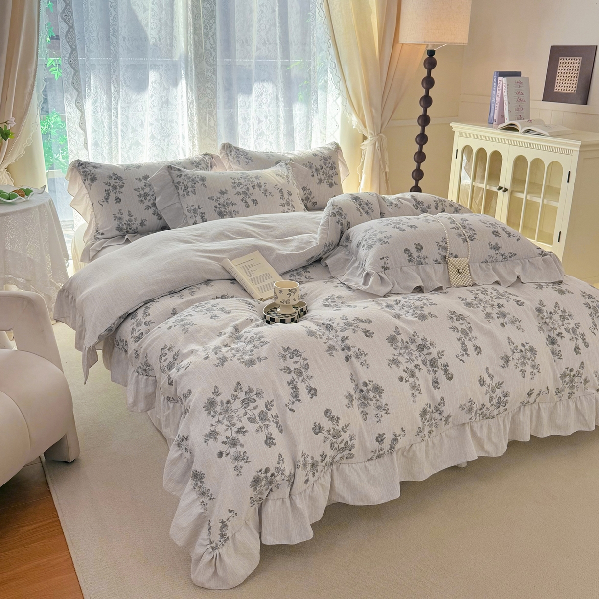 91家纺网 家纺一手货源 找家纺 （总）赛丽雅 2026春夏新款色织提花麻法式花边款四件套