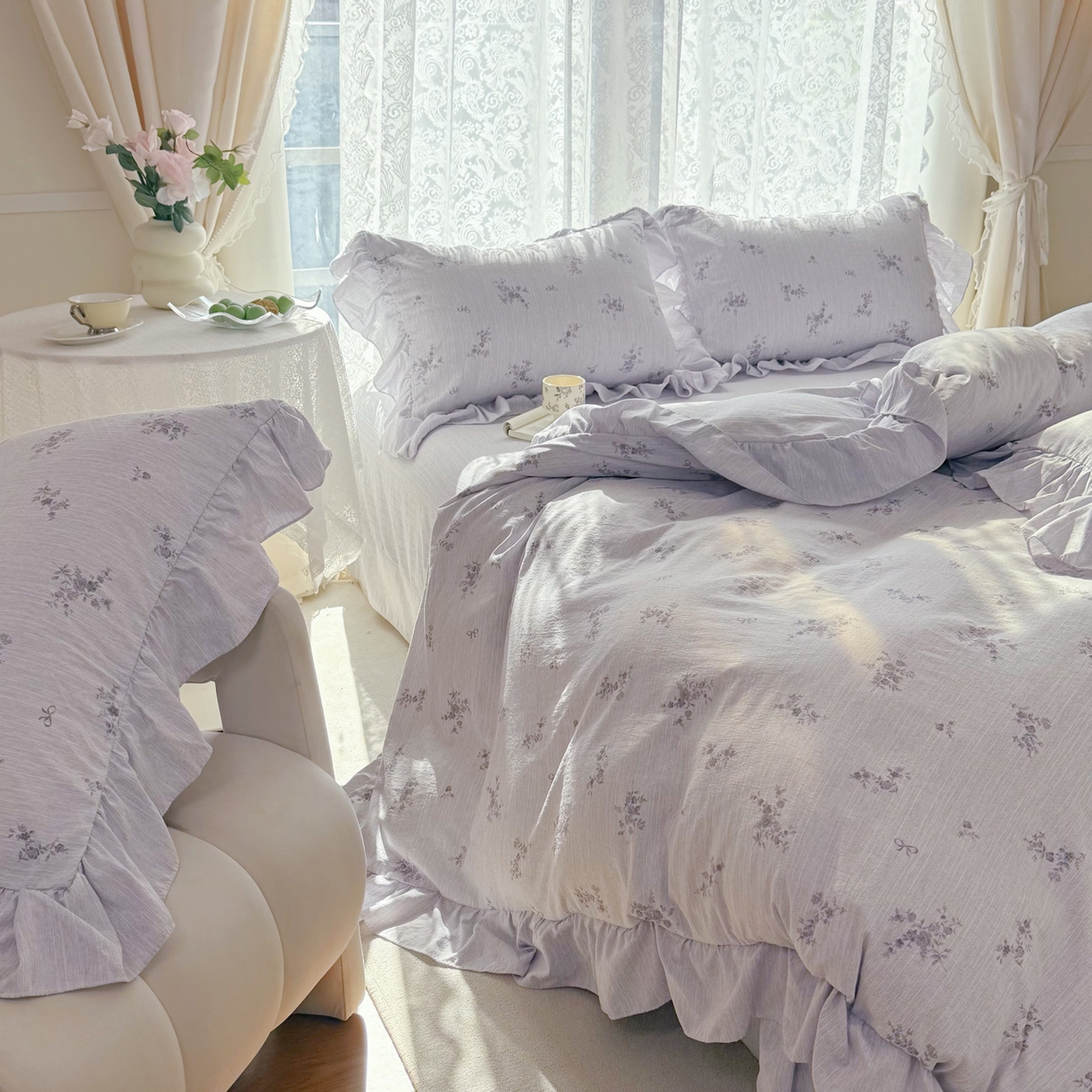 91家纺网 家纺一手货源 找家纺 赛丽雅 2026春夏新款色织提花麻法式花边款四件套 时光缓缓