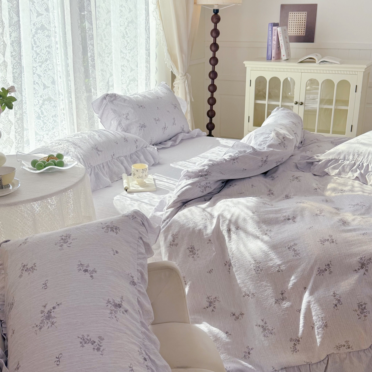 91家纺网 家纺一手货源 找家纺 赛丽雅 2026春夏新款色织提花麻法式花边款四件套 时光缓缓