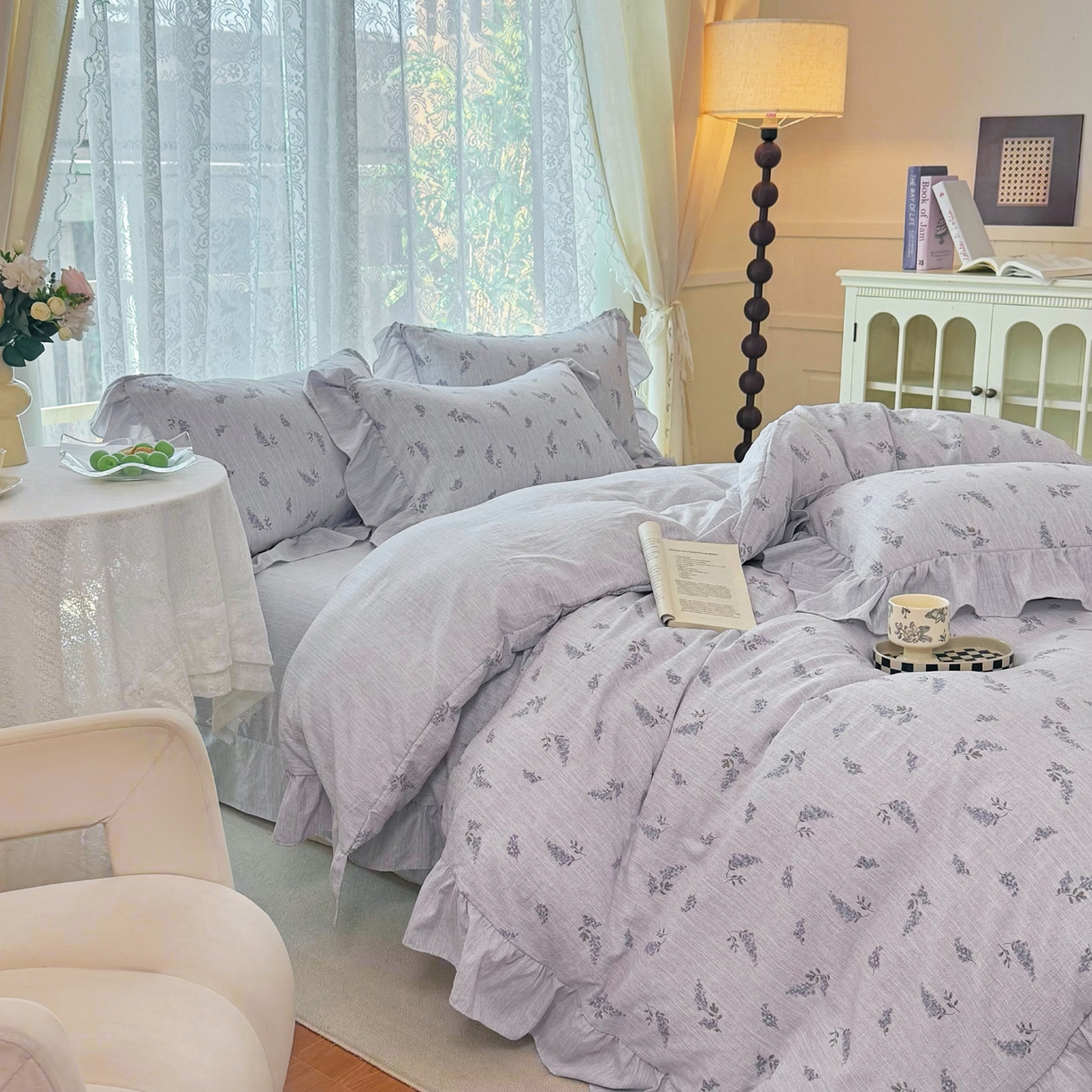 91家纺网 家纺一手货源 找家纺 赛丽雅 2026春夏新款色织提花麻法式花边款四件套 微风知晓