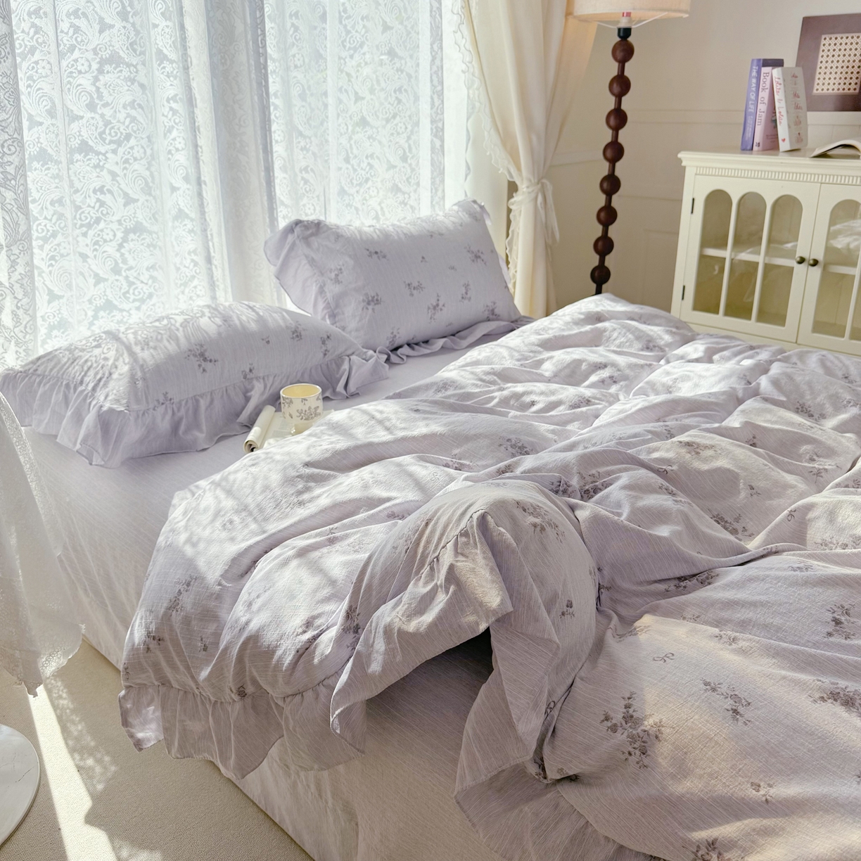 91家纺网 家纺一手货源 找家纺 赛丽雅 2026春夏新款色织提花麻法式花边款四件套 时光缓缓