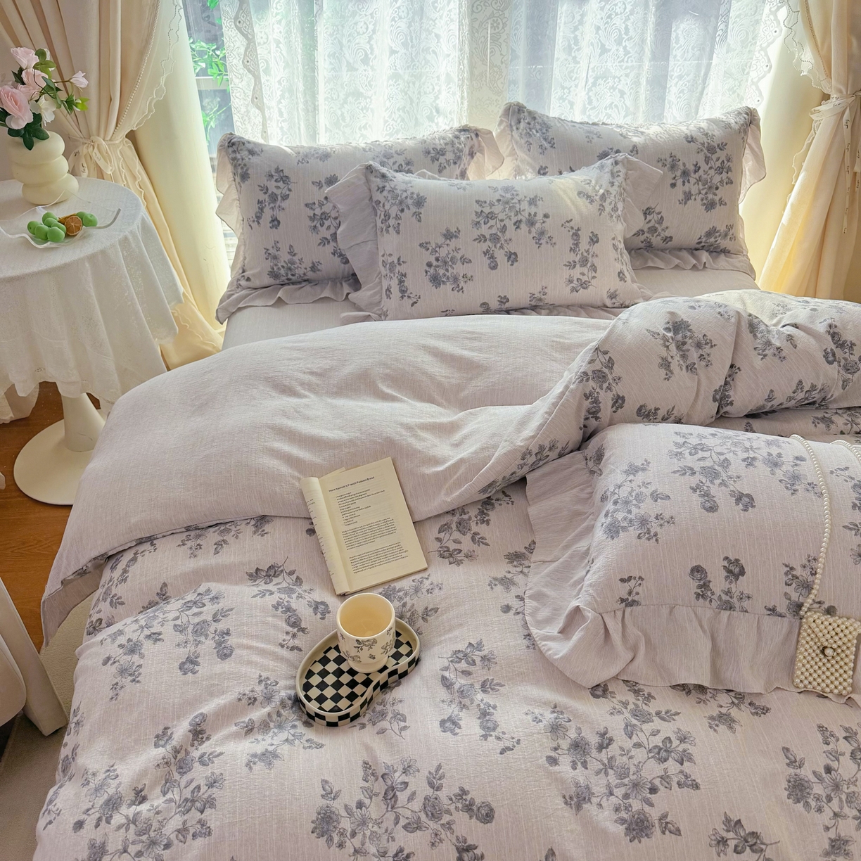 91家纺网 家纺一手货源 找家纺 赛丽雅 2026春夏新款色织提花麻法式花边款四件套 漫天春光