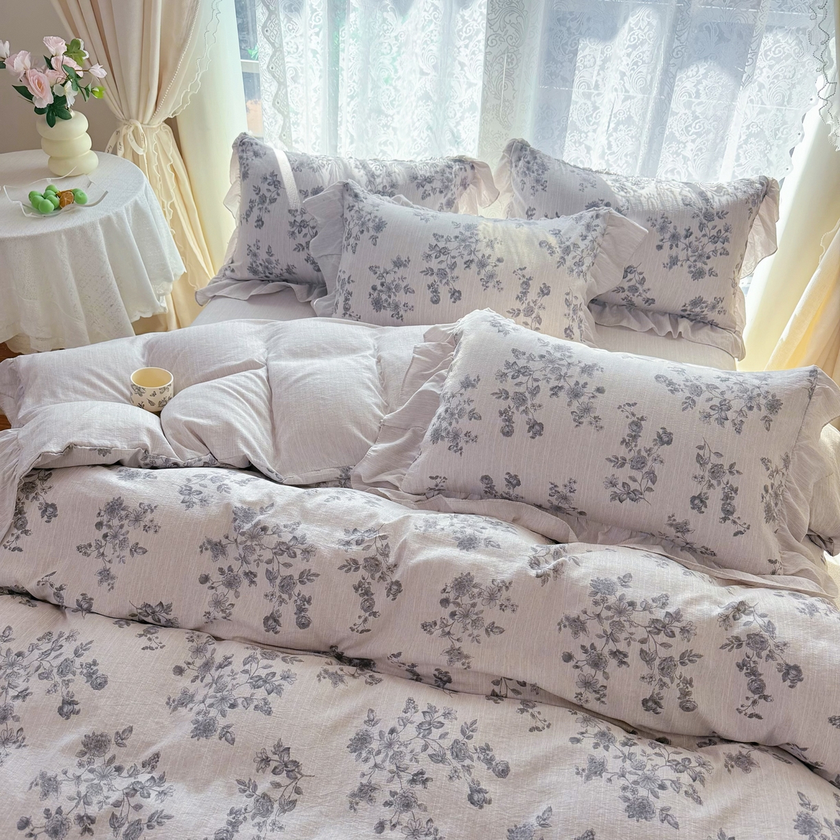 91家纺网 家纺一手货源 找家纺 赛丽雅 2026春夏新款色织提花麻法式花边款四件套 漫天春光