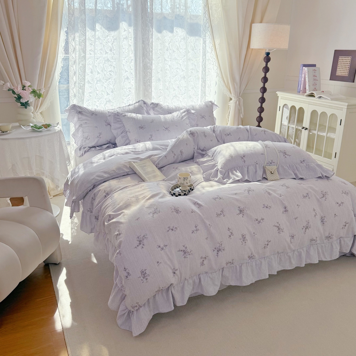 91家纺网 家纺一手货源 找家纺 赛丽雅 2026春夏新款色织提花麻法式花边款四件套 时光缓缓