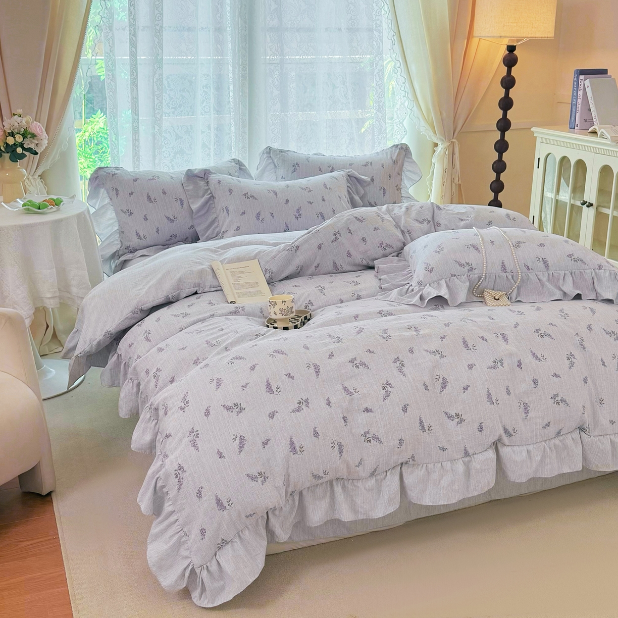 91家纺网 家纺一手货源 找家纺 赛丽雅 2026春夏新款色织提花麻法式花边款四件套 微风知晓