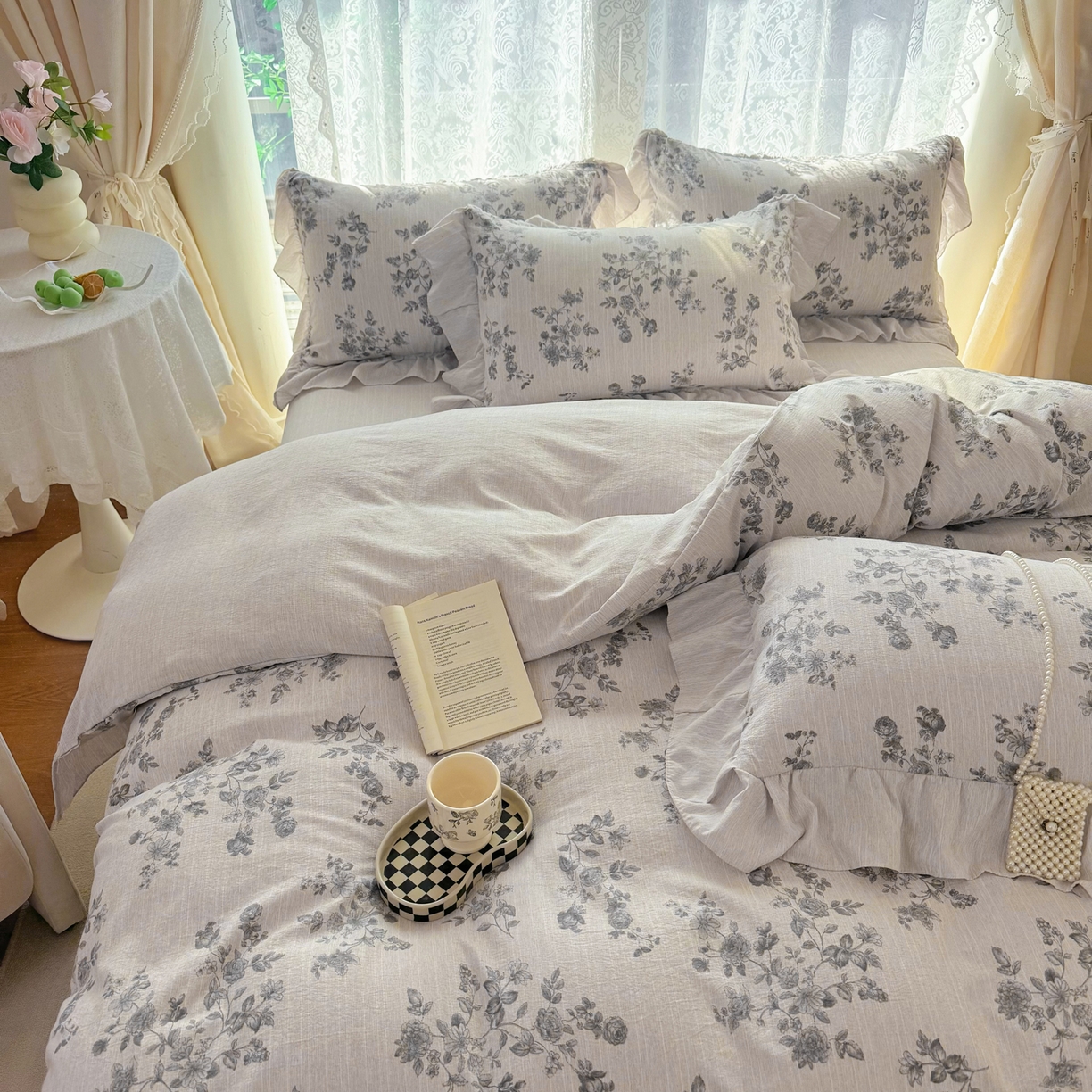 91家纺网 家纺一手货源 找家纺 （总）赛丽雅 2026春夏新款色织提花麻法式花边款四件套