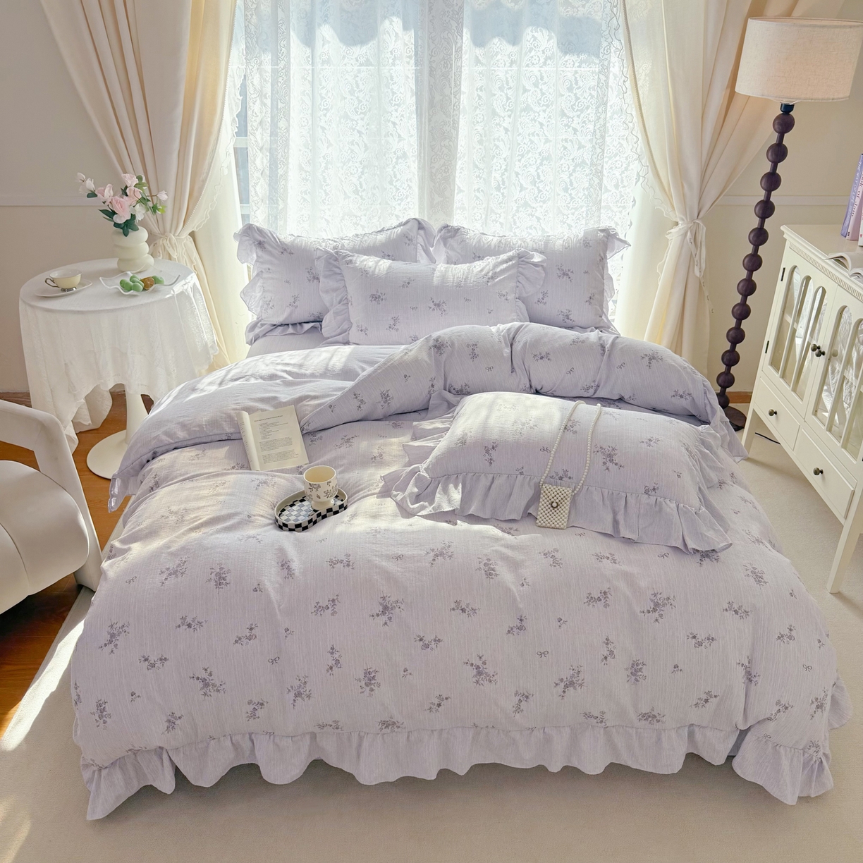 91家纺网 家纺一手货源 找家纺 赛丽雅 2026春夏新款色织提花麻法式花边款四件套 时光缓缓