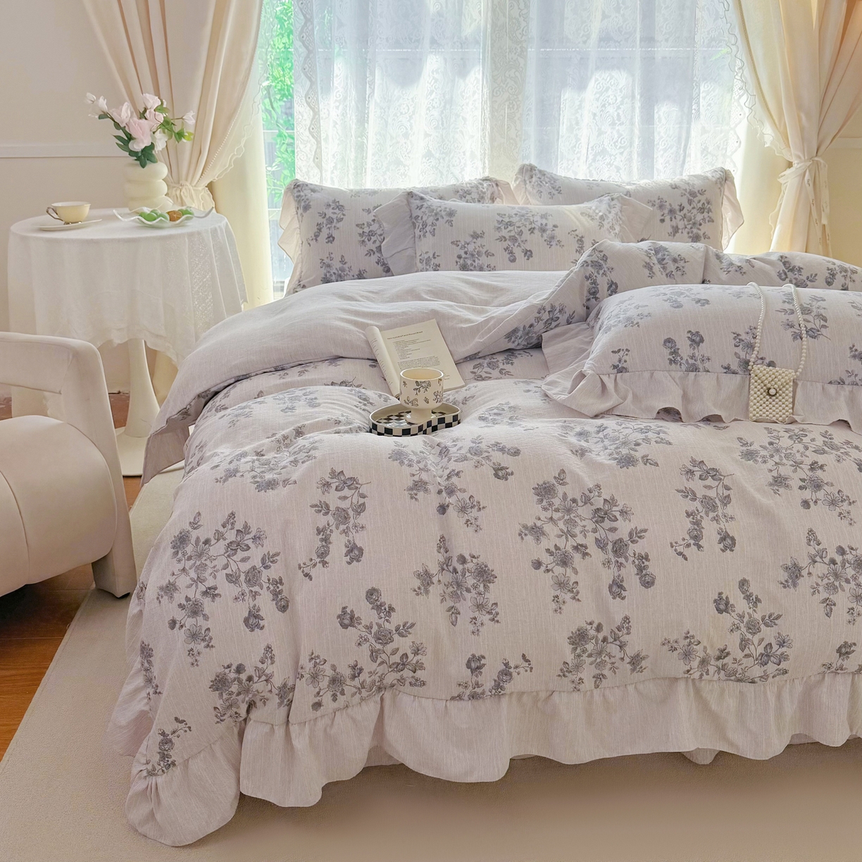 91家纺网 家纺一手货源 找家纺 赛丽雅 2026春夏新款色织提花麻法式花边款四件套 漫天春光