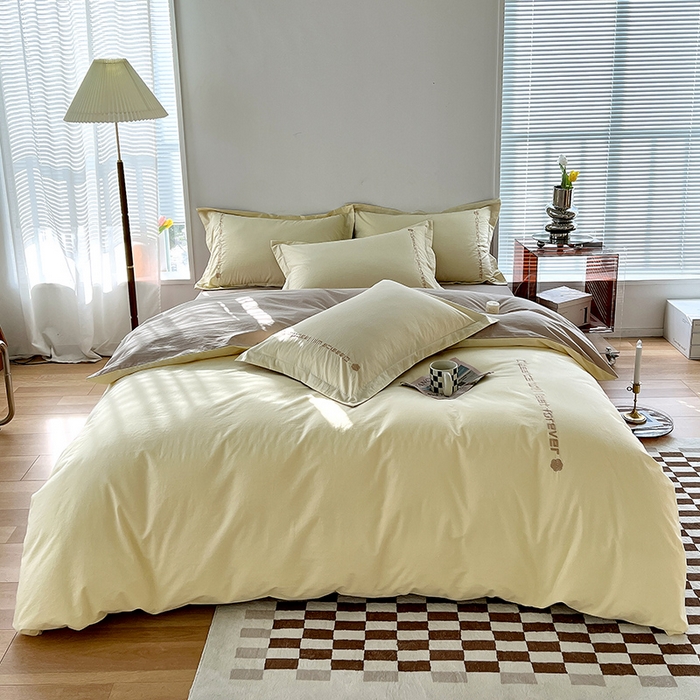 91家纺网 家纺一手货源 找家纺 拼社家纺 2026新款A类色织全棉水洗棉四件套纯棉四件套刺绣床上用品-漫系列 奶油白+卡其