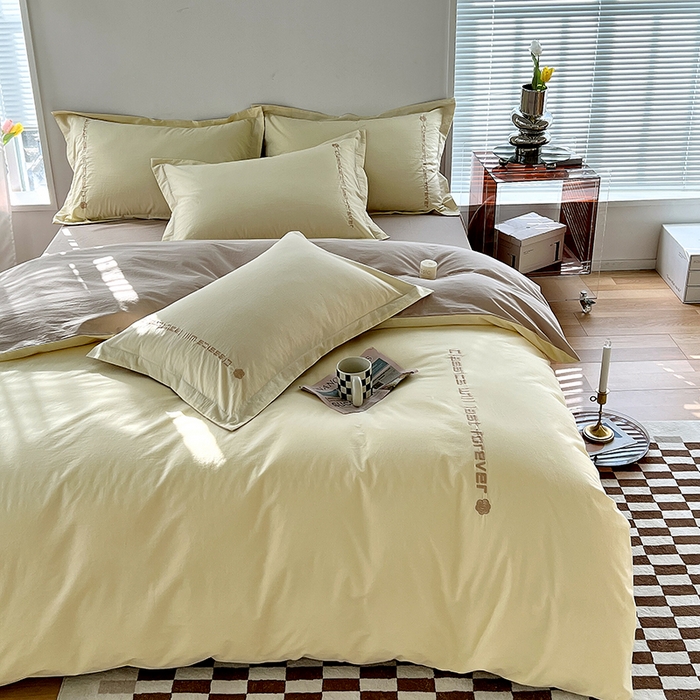 91家纺网 家纺一手货源 找家纺 拼社家纺 2026新款A类色织全棉水洗棉四件套纯棉四件套刺绣床上用品-漫系列 奶油白+卡其