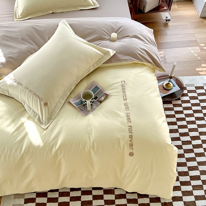 91家纺网 家纺一手货源 找家纺 拼社家纺 2026新款A类色织全棉水洗棉四件套纯棉四件套刺绣床上用品-漫系列 奶油白+卡其