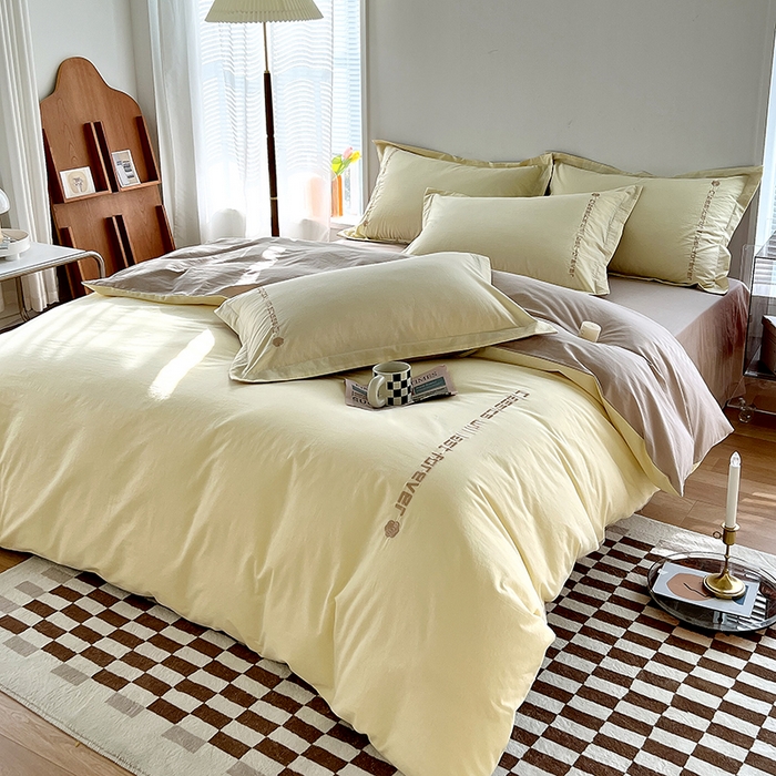 91家纺网 家纺一手货源 找家纺 拼社家纺 2026新款A类色织全棉水洗棉四件套纯棉四件套刺绣床上用品-漫系列 奶油白+卡其