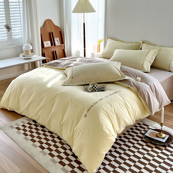 91家纺网 家纺一手货源 找家纺 拼社家纺 2026新款A类色织全棉水洗棉四件套纯棉四件套刺绣床上用品-漫系列 奶油白+卡其