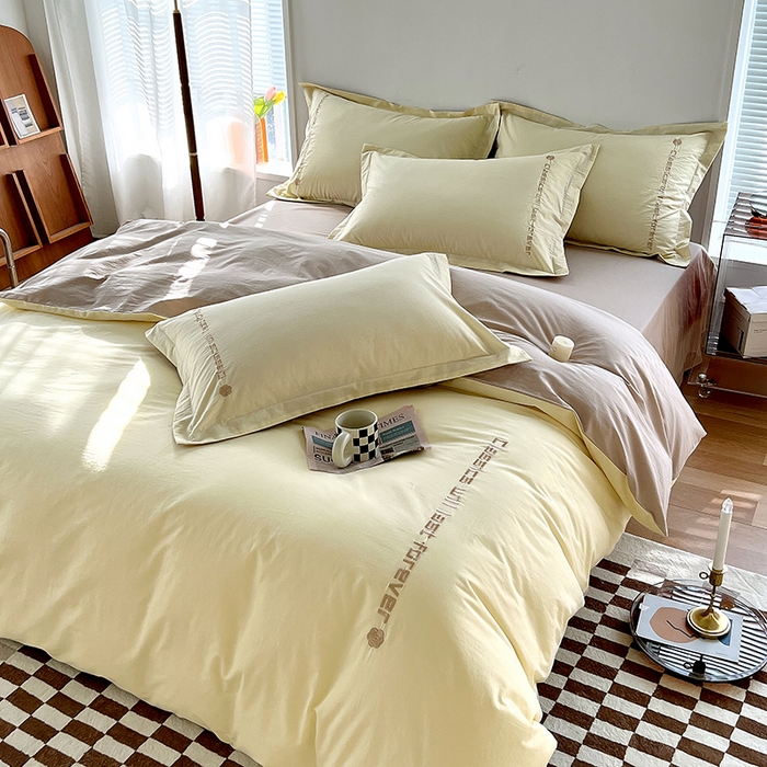 91家纺网 家纺一手货源 找家纺 拼社家纺 2026新款A类色织全棉水洗棉四件套纯棉四件套刺绣床上用品-漫系列 奶油白+卡其