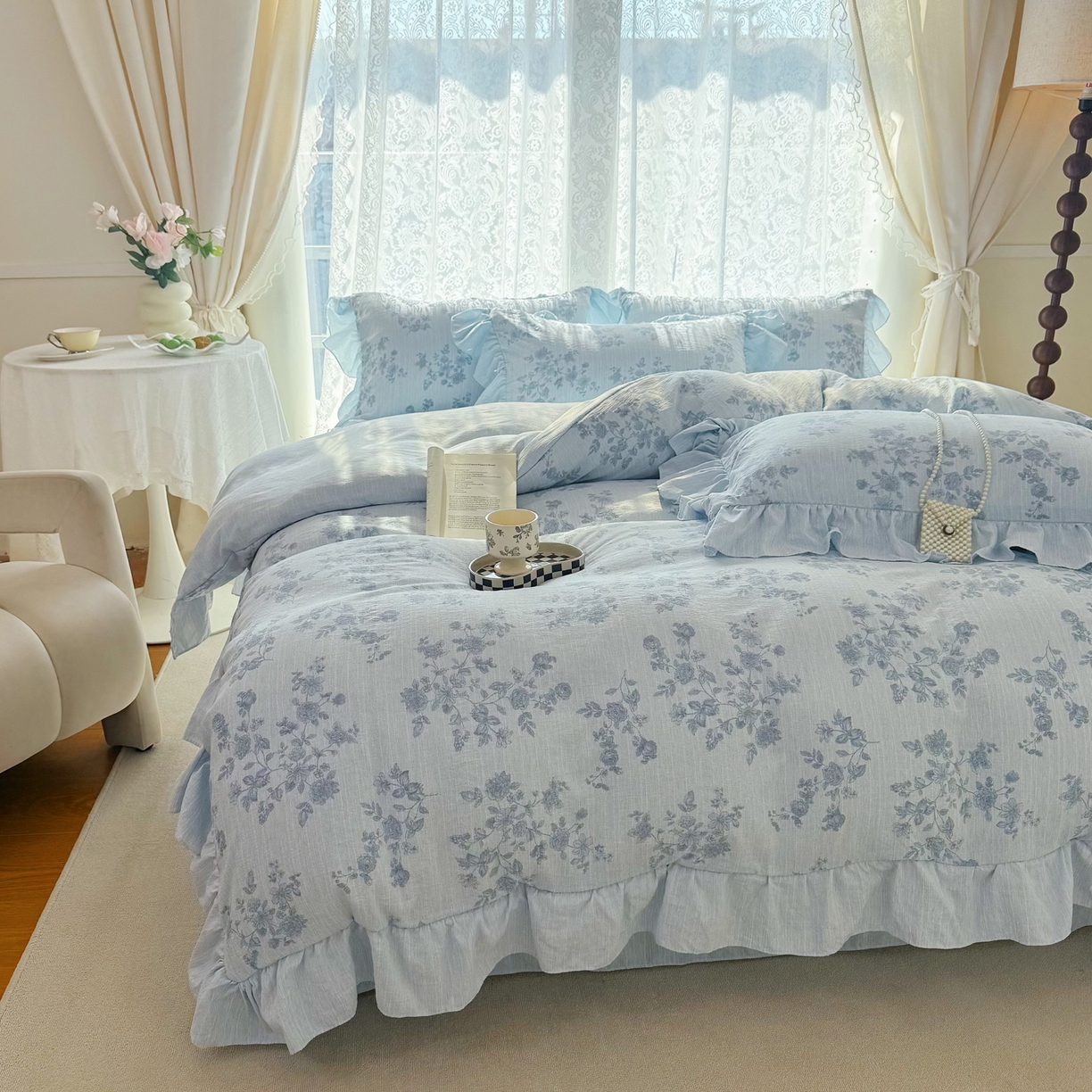 91家纺网 家纺一手货源 找家纺 赛丽雅 2026春夏新款色织提花麻法式花边款四件套 宅宅日记