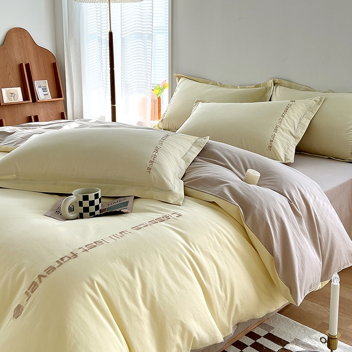 91家纺网 家纺一手货源 找家纺 拼社家纺 2026新款A类色织全棉水洗棉四件套纯棉四件套刺绣床上用品-漫系列 奶油白+卡其