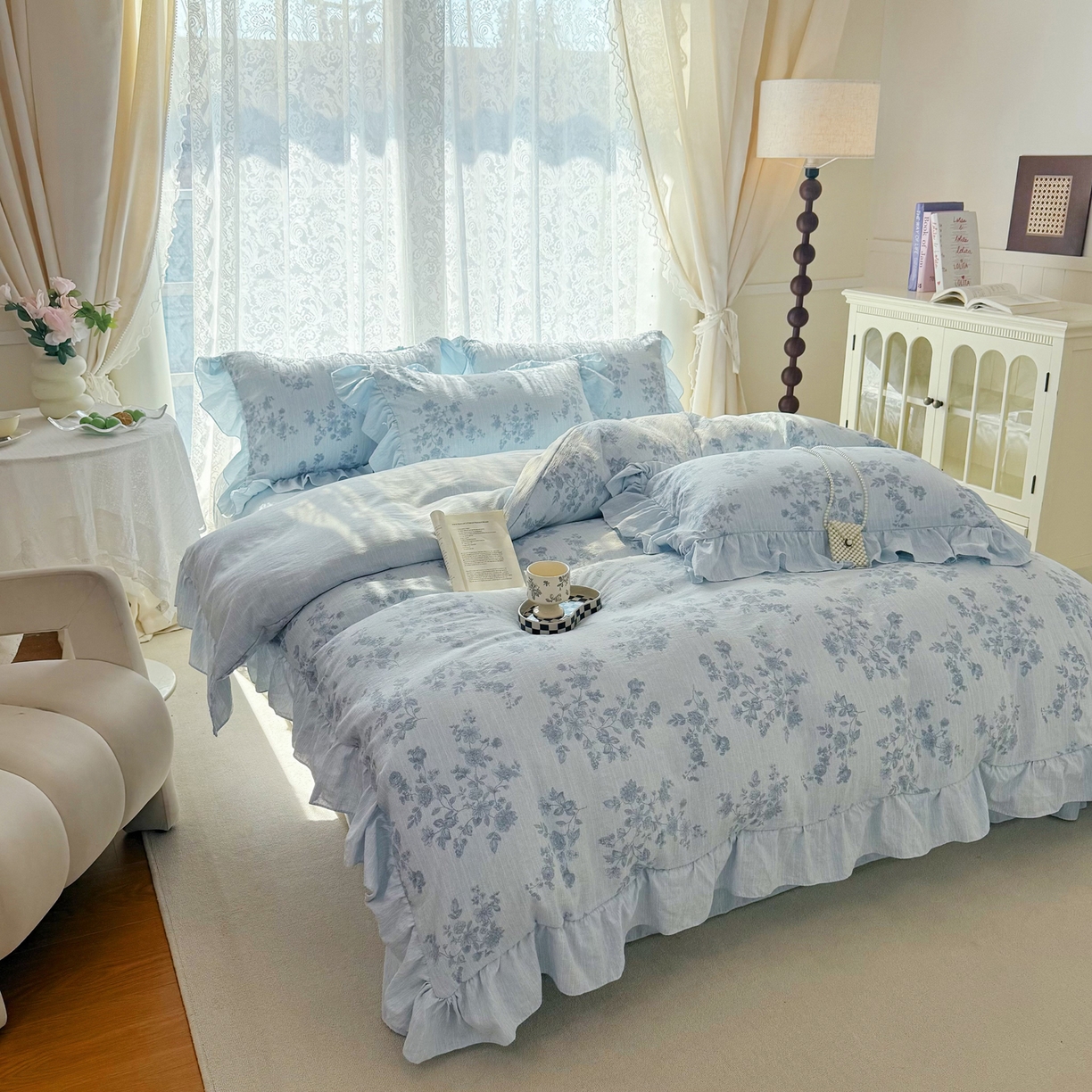 91家纺网 家纺一手货源 找家纺 赛丽雅 2026春夏新款色织提花麻法式花边款四件套 宅宅日记