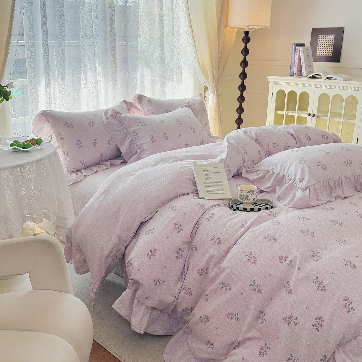 赛丽雅 2026春夏新款色织提花麻法式花边款四件套 花悦时光