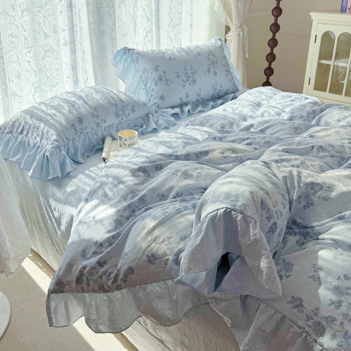 91家纺网 家纺一手货源 找家纺 赛丽雅 2026春夏新款色织提花麻法式花边款四件套 宅宅日记