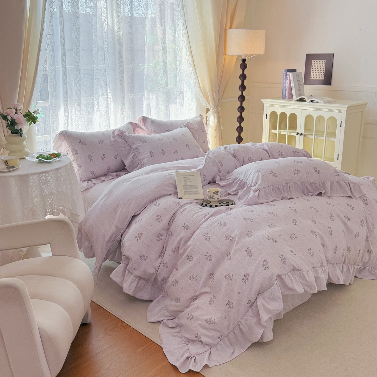 91家纺网 家纺一手货源 找家纺 赛丽雅 2026春夏新款色织提花麻法式花边款四件套 花悦时光