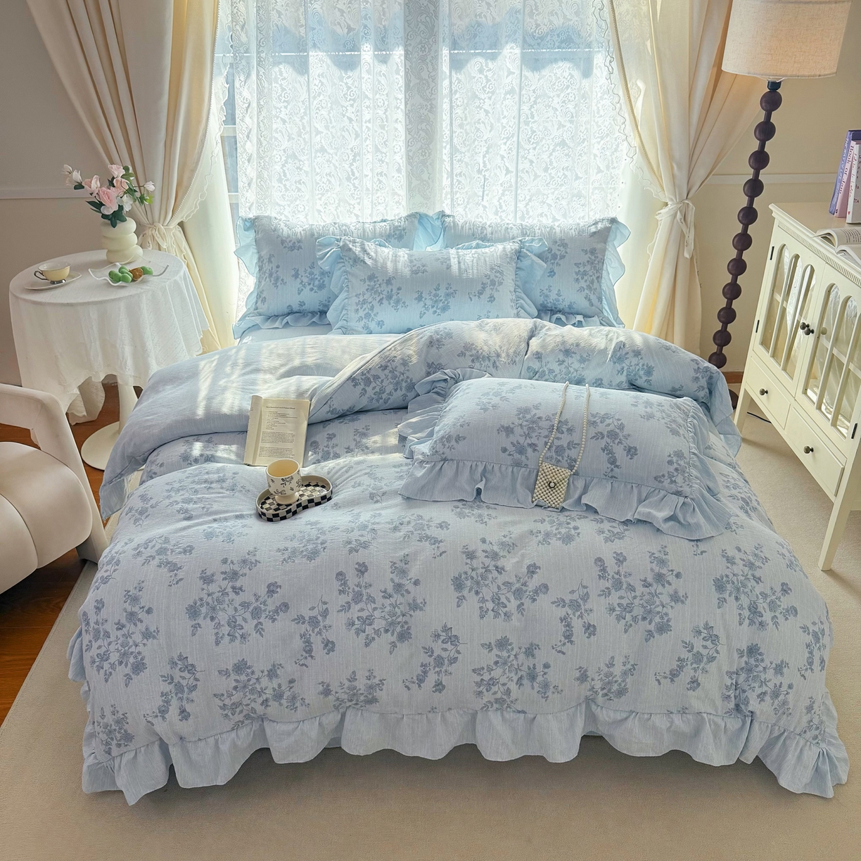 91家纺网 家纺一手货源 找家纺 赛丽雅 2026春夏新款色织提花麻法式花边款四件套 宅宅日记