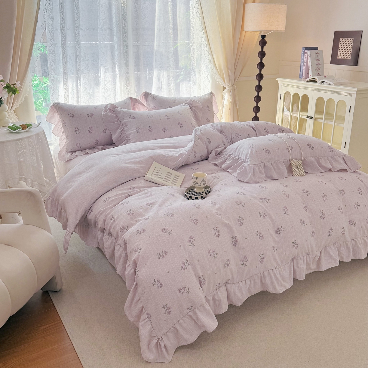 91家纺网 家纺一手货源 找家纺 赛丽雅 2026春夏新款色织提花麻法式花边款四件套 花悦时光