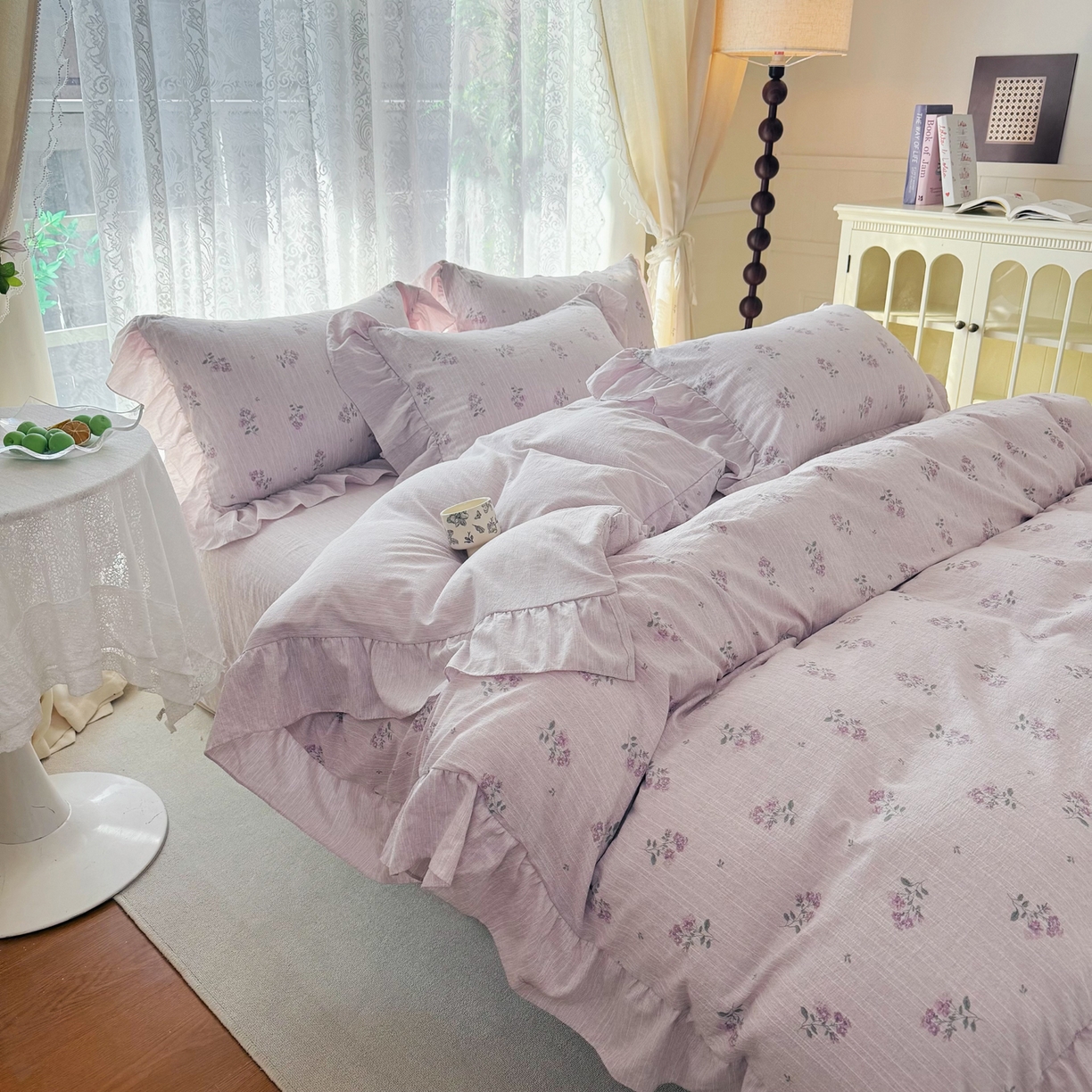 91家纺网 家纺一手货源 找家纺 赛丽雅 2026春夏新款色织提花麻法式花边款四件套 花悦时光