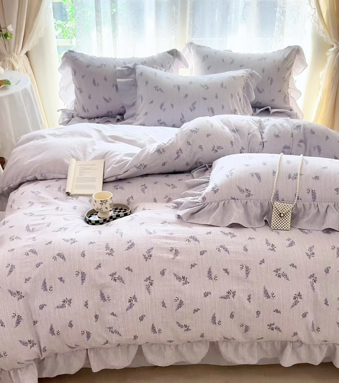 91家纺网 家纺一手货源 找家纺 赛丽雅 2026春夏新款色织提花麻法式花边款四件套 微风知晓