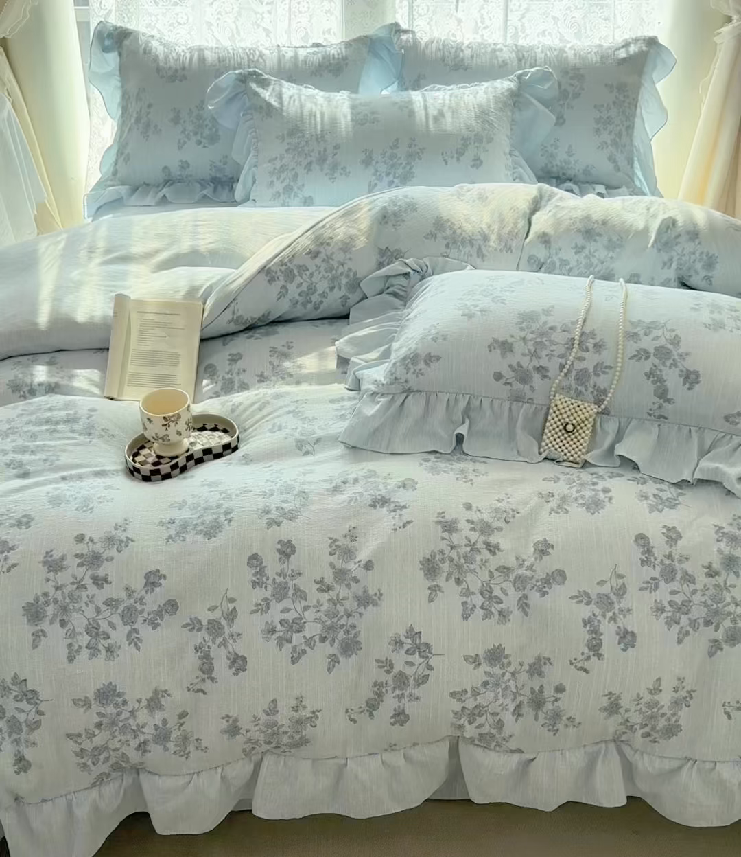 91家纺网 家纺一手货源 找家纺 赛丽雅 2026春夏新款色织提花麻法式花边款四件套 宅宅日记