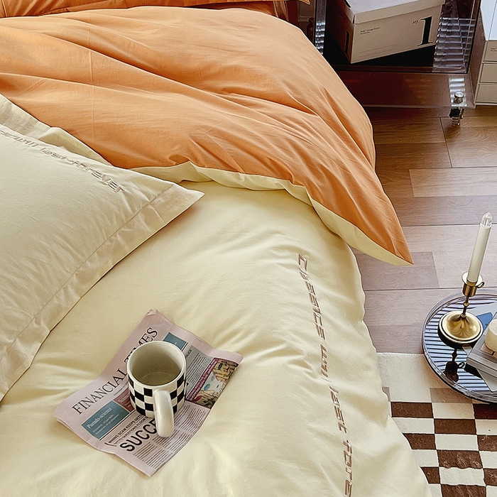 91家纺网 家纺一手货源 找家纺 拼社家纺 2026新款A类色织全棉水洗棉四件套纯棉四件套刺绣床上用品-漫系列 奶油白+香橙