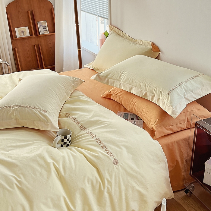 91家纺网 家纺一手货源 找家纺 拼社家纺 2026新款A类色织全棉水洗棉四件套纯棉四件套刺绣床上用品-漫系列 奶油白+香橙