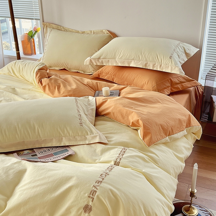 91家纺网 家纺一手货源 找家纺 拼社家纺 2026新款A类色织全棉水洗棉四件套纯棉四件套刺绣床上用品-漫系列 奶油白+香橙