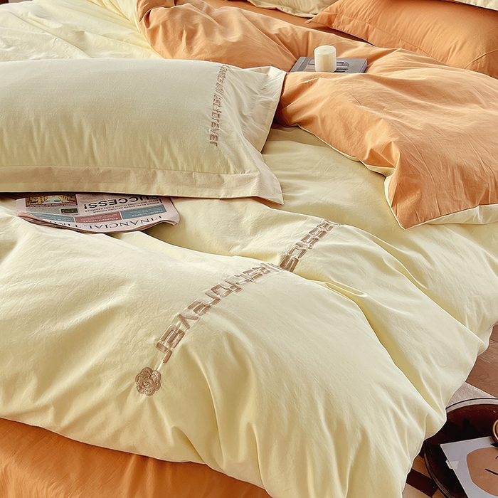 91家纺网 家纺一手货源 找家纺 拼社家纺 2026新款A类色织全棉水洗棉四件套纯棉四件套刺绣床上用品-漫系列 奶油白+香橙