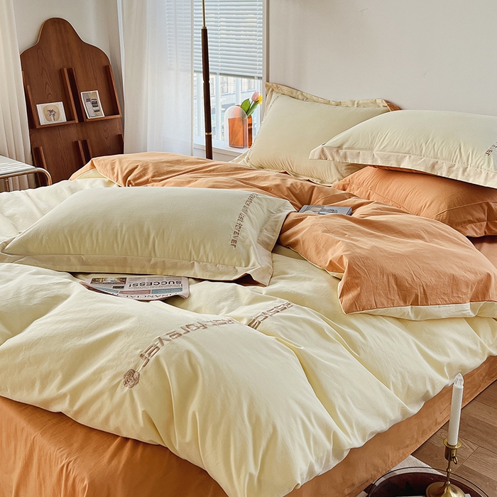 91家纺网 家纺一手货源 找家纺 拼社家纺 2026新款A类色织全棉水洗棉四件套纯棉四件套刺绣床上用品-漫系列 奶油白+香橙