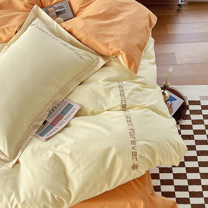 91家纺网 家纺一手货源 找家纺 拼社家纺 2026新款A类色织全棉水洗棉四件套纯棉四件套刺绣床上用品-漫系列 奶油白+香橙