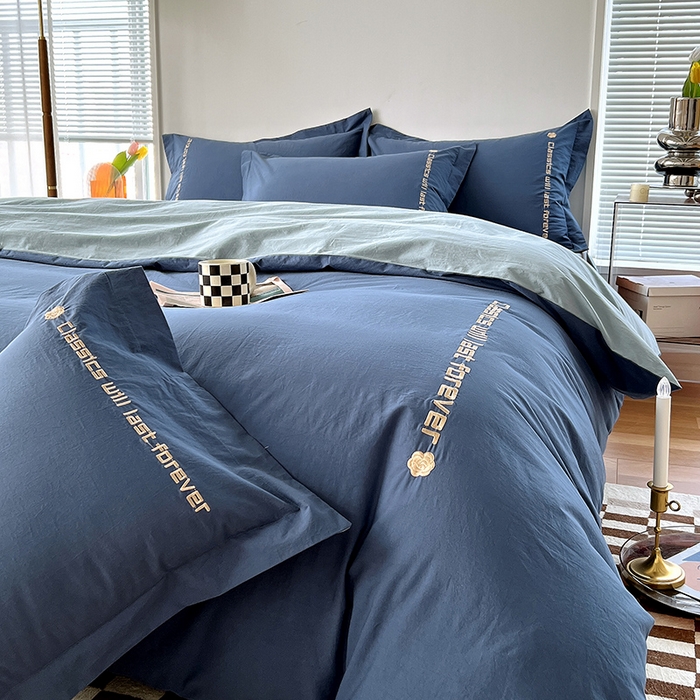 拼社家纺 2026新款A类色织全棉水洗棉四件套纯棉四件套刺绣床上用品-漫系列 牛仔蓝+浅蓝