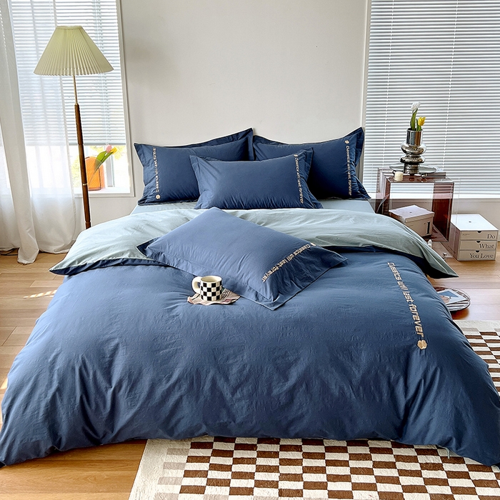 91家纺网 家纺一手货源 找家纺 拼社家纺 2026新款A类色织全棉水洗棉四件套纯棉四件套刺绣床上用品-漫系列 牛仔蓝+浅蓝