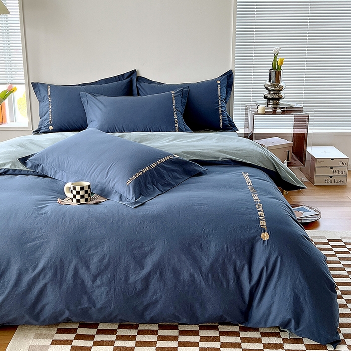 91家纺网 家纺一手货源 找家纺 拼社家纺 2026新款A类色织全棉水洗棉四件套纯棉四件套刺绣床上用品-漫系列 牛仔蓝+浅蓝