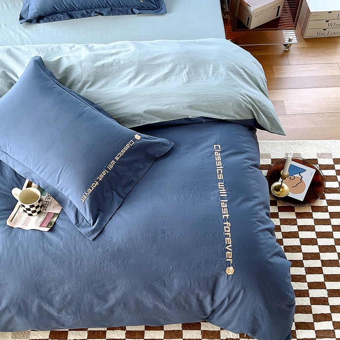 91家纺网 家纺一手货源 找家纺 拼社家纺 2026新款A类色织全棉水洗棉四件套纯棉四件套刺绣床上用品-漫系列 牛仔蓝+浅蓝